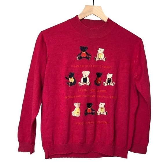 VINTAGE Japanese Teddy Bear Mock Neck Scalloped Hem Cranberry Red Sweater Size S - Picture 1 of 5